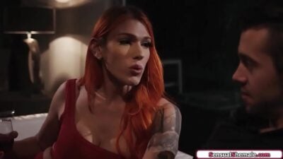 Busty Redhead Tranny Fucks Lucky Guy’s Asshole