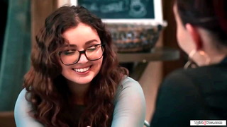 Busty shemale Emma Rose bangs her college gf in public cafe