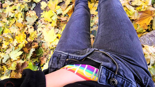 cumming outside in the fall leaves