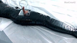 femboy in catsuit and thigh boots self mummified and CBT balls torture e-stimluation and cum