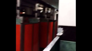 With mini in public bathroom