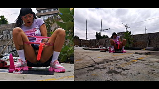 She masturbates in an abandoned place with her big dildo in her ass, has a rich anal orgasm and comes to squirt !!!
