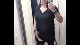 Sissy in chastity dances in stockings & heels with big fake tits &mdash; Wednesday Addams cosplay