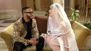 Blonde tgirl sucked off and breeded in interracial duo