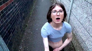 Nerdy Sissy Teen Strokes Her Cock in Public Alleyway