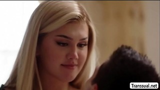 Busty Blonde Shemale Gets Rough Anal in Bed